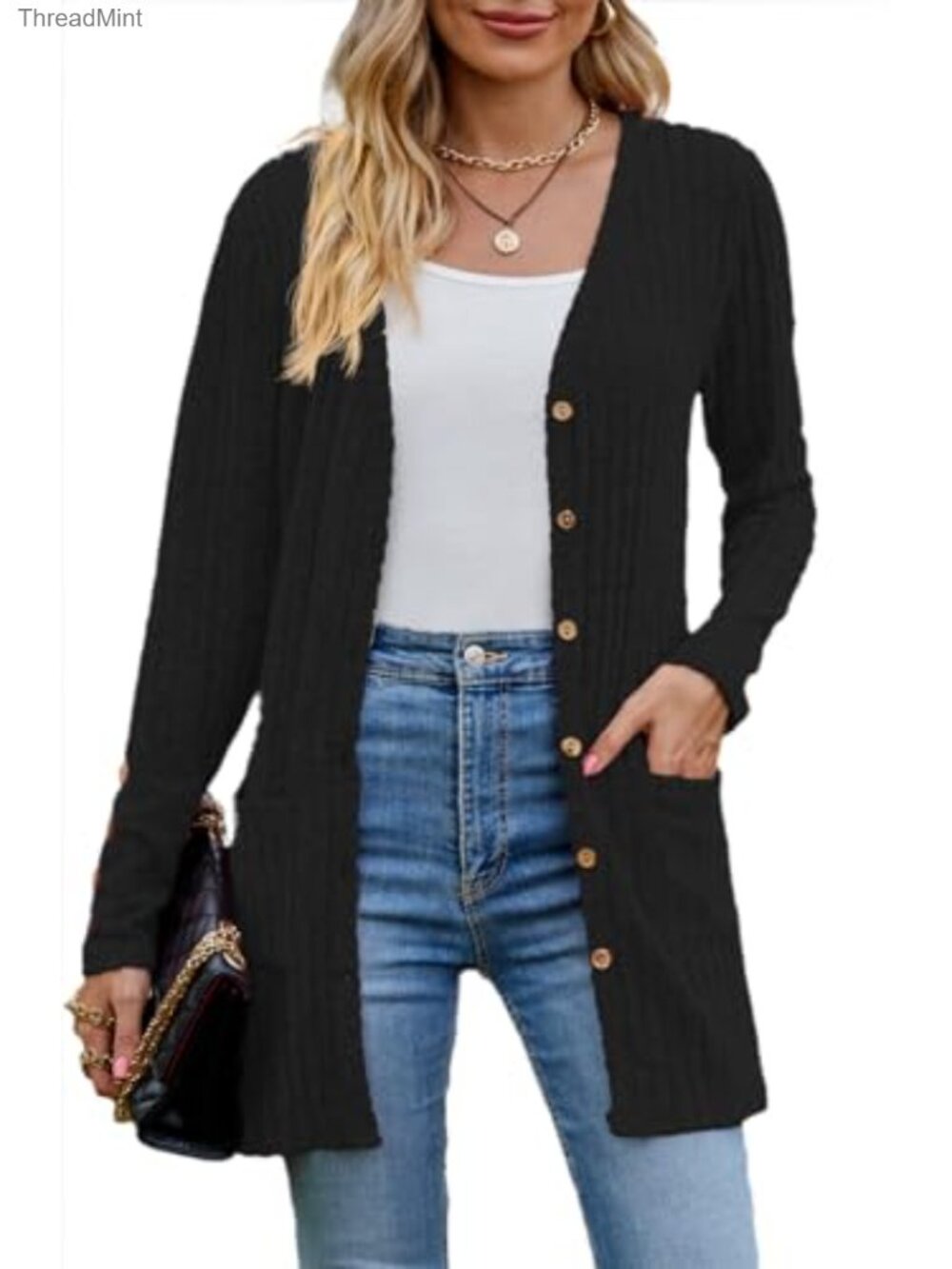 Lightweight Open Front Button Cardigan Sweater with Pockets Long Sleeve